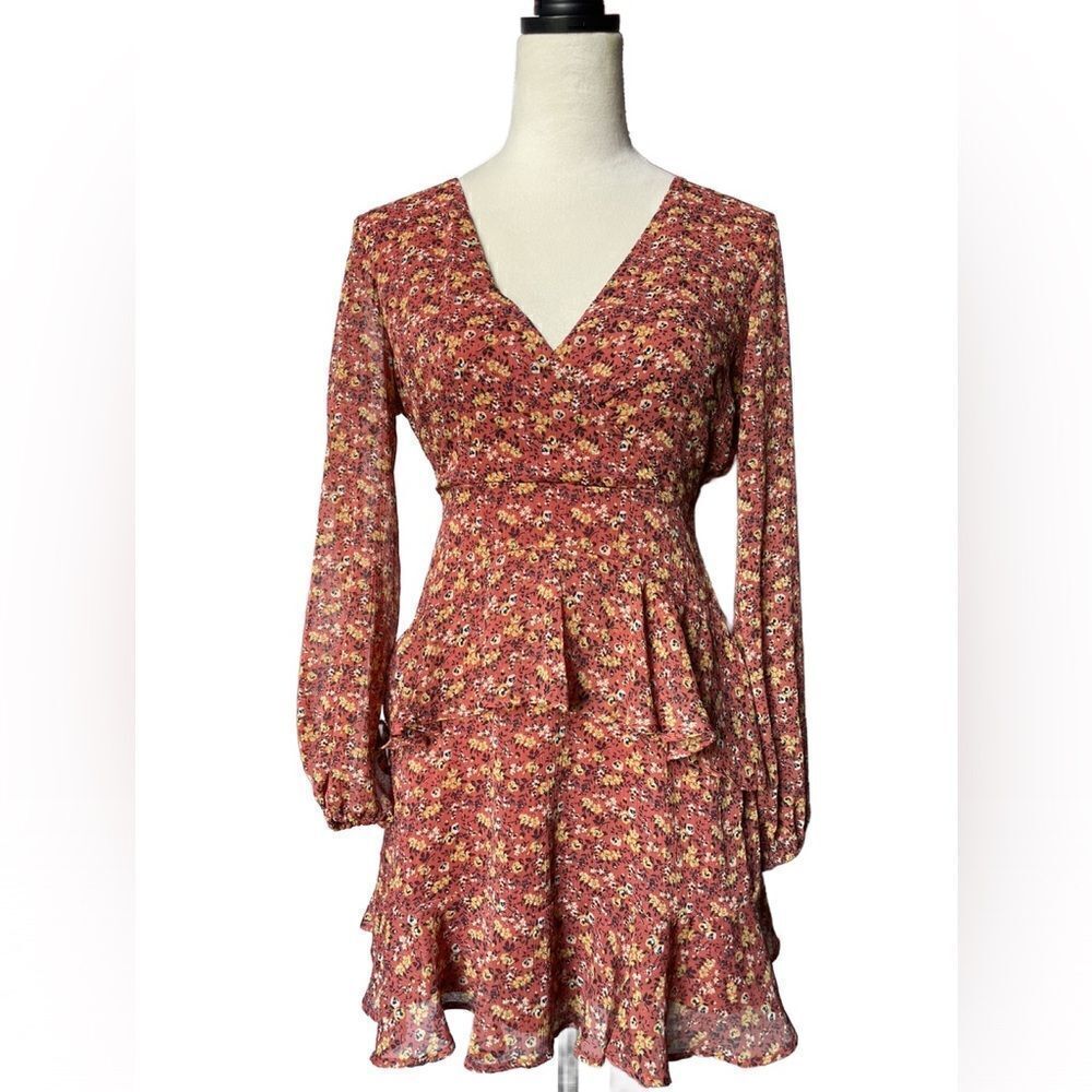 Miami Burnt Orange Mini Dress w/ Layered Ruffles & Long Sheer Sleeves (XS)